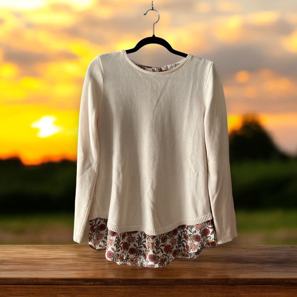 LOFT Cream Knit Sweater with Back Ties Over Floral/Vine Print Fooler Top - Picture 3 of 15
